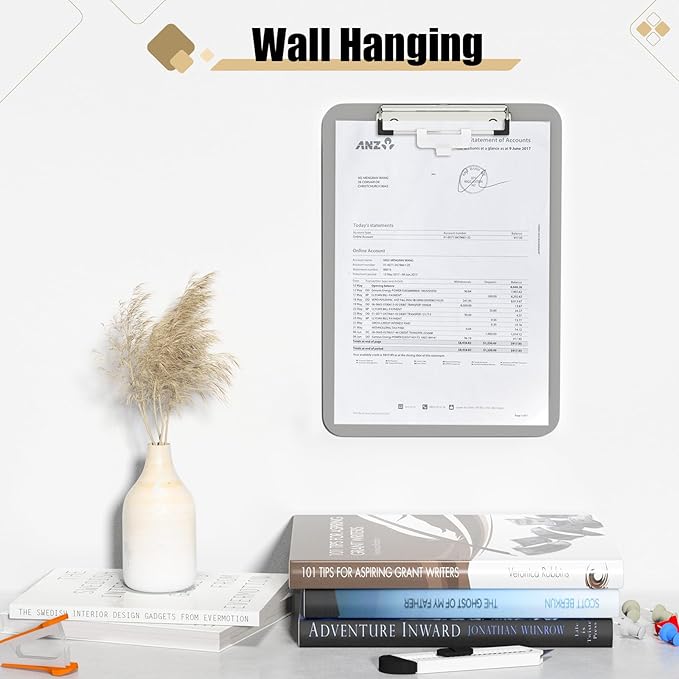 Hongri Plastic Clipboard with Pen Holder, Gray 8.5x11 Letter Size Clip Board for Classroom, Office, Students, Nurses and Women, Low Profile Clip, Size 12.5 x 9 in(Pack of 6)