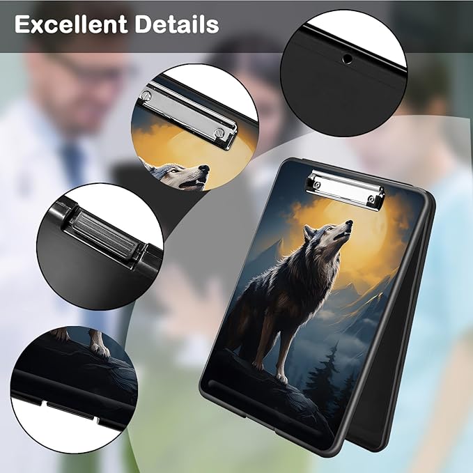 Clipboard with Storage,Office Supplies Nursing Clipboards Folder with Pen Holder Plastic Foldable Clip Board with Storage for Nurse Teacher,Wolf with Full Moon