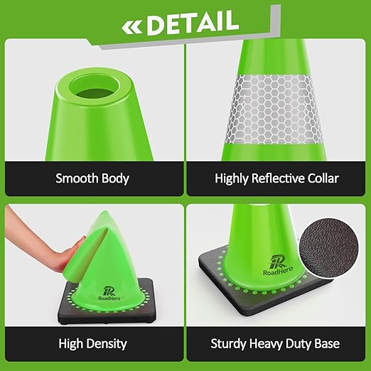 RoadHero 8 Pack Traffic Safety Cones 18 Inch with Black Weighted Base, Plastic PVC Lime Green Cone with Reflective Collar, Cones for Parking Lot, Construction Events, Road Safety