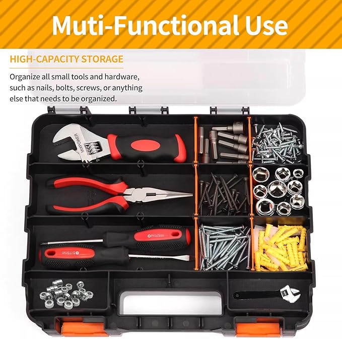 Small Parts Organizer, 34-Compartments Hardware Organizer Box, Double Side Storage Case Tools Box with Removable Dividers for Screws, Bolts, Nails, Beads, Jewelry & More