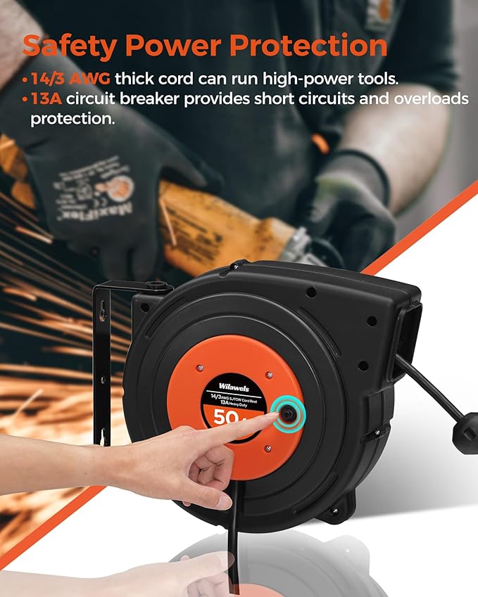 Retractable Extension Cord Reel, 50 FT Heavy Duty Power Cord, 14AWG/3C SJTOW, 3 Grounded Outlets Lighted Triple Tap, 13 Amp Circuit Breaker, UL Listed, Orange B50CR06