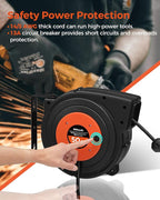 Retractable Extension Cord Reel, 50 FT Heavy Duty Power Cord, 14AWG/3C SJTOW, 3 Grounded Outlets Lighted Triple Tap, 13 Amp Circuit Breaker, UL Listed, Orange B50CR06
