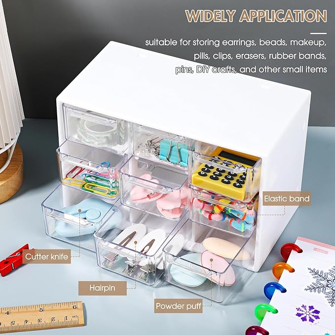 Amyhill 6 Pcs Mini Drawer Organizer Small Organizer with 9 Drawers Plastic Desktop Craft Storage Box for Office Home Room Jewelry Cosmetics Collection(White)
