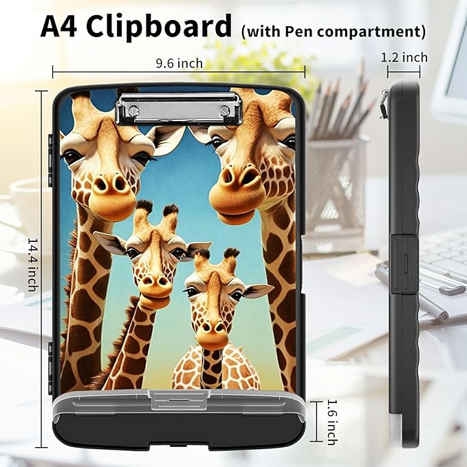 Clipboard with Storage High Capacity Plastic Nursing Clipboards with Pen Holder File Folder Storage Box Clipboard with Heavy Duty Clips for Teacher,Doctor,Offices-Giraffe