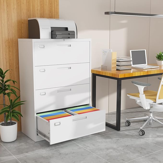 4 Drawer File Cabinet with Lock Metal Lateral File Storage Cabinet Office Home Steel Lateral File Cabinet for A4 Legal/Letter Size Wide File Cabinet Locked,Assembly Required (4 Drawer, White)