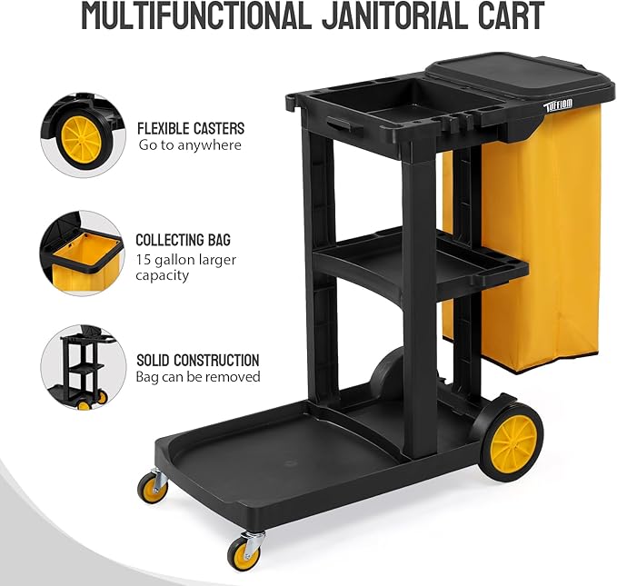 TUFFIOM Commercial Traditional Cleaning 3-Shelf Janitorial Cart, 500 Lbs Capacity Housekeeping Cart, Wheeled with Yellow VinylBag and Cover w Lid, Black,