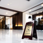 Premium Wooden Caution Wet Floor Sign – Bilingual w/Non-Skid Plastic Feet, Brass Plate – For Hotels, Schools, Offices, Areas, Restrooms, Pool Decks & Shops