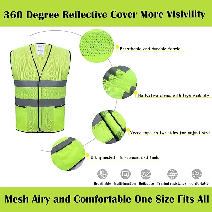 Safety Vests 10 Pack with Pockets,High Visibility Reflective Construction ANSI Class 2 Yellow Work Vests for Men,Woman,Hi Vis and Neon Mesh
