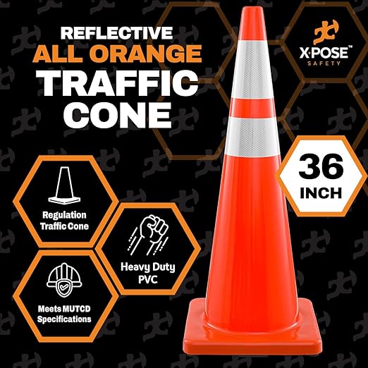 Xpose Safety 36 Inch Orange Traffic Cones with 6" & 4" Collars, 48-Pack - Multipurpose PVC Plastic Safety Cone for Parking, Soccer, Caution, Kids and Construction - DOT Approved