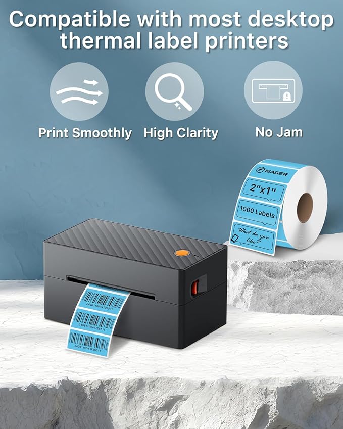 iEager 2x1 Inch Thermal Labels, Blue Rectangle Thermal Printer Stickers, Durable Shipping Label Printer Sticker for Barcode, Name, Address, 1000 Labels/Roll