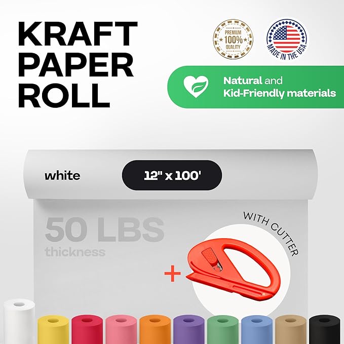 White Kraft Paper Roll 12" x 1200" (100 feet) with Cutter - USA-Made Wrapping Paper for Packing, Moving, Shipping & Crafts/Arts - 100% Recyclable Natural Craft Material by IDL Packaging