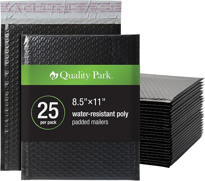 Quality Park Bubble Mailers, 8.25 x 11 Shipping Envelopes, Water Resistant Black Poly Padded Envelopes, Redi-Strip Peel Off Closure (QUA85870), Letter, 25/Box