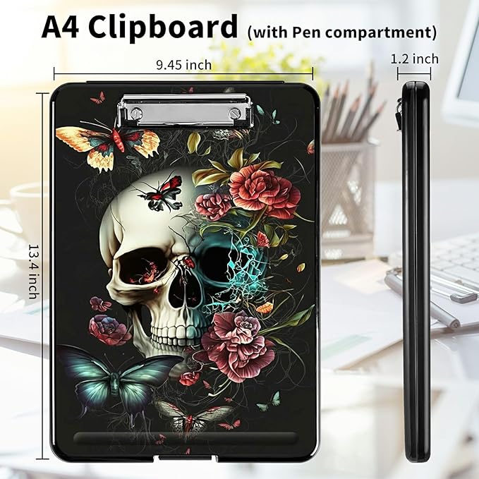 A4 Clipboards,Heavy Duty Waterproof Nursing Plastic Folder Clipboard with Storage Clip Boards,File Folder Storage Box Clipboard Case for Teacher,Doctor,Offices,Butterfly Skull Flower