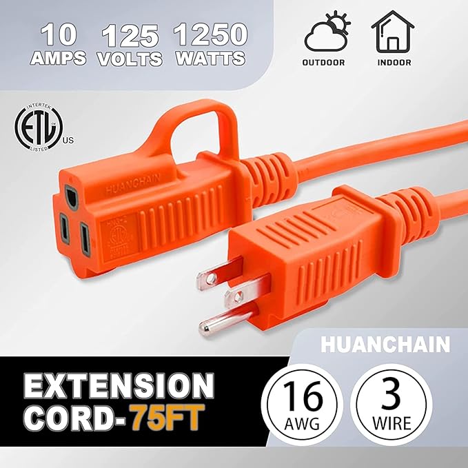 huanchain 75 Foot 16/3 Gauge Outdoor Extension Cord Waterproof, Flexible Cold-Resistant Appliance Extension Cable Outside, 10A 1250W 16AWG SJTW, 3 Prong Electric Cord Orange, ETL