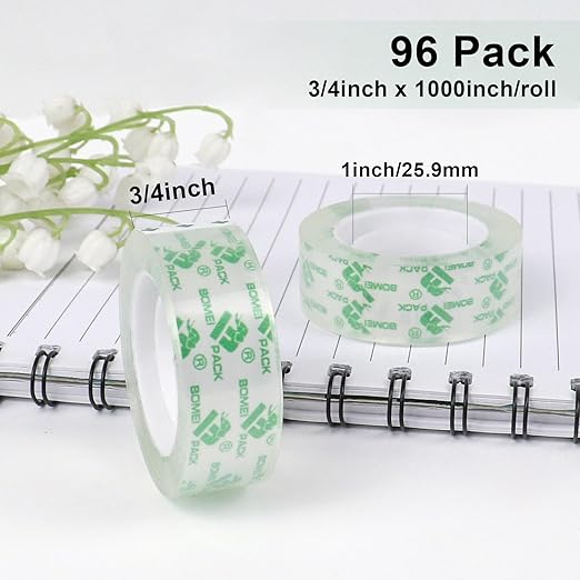 BOMEI PACK 96Rolls Crystal Clear Tape Refills for Dispenser, Bulk Transparent Office Tape for Home and School, 3/4Inch x 1000 inch