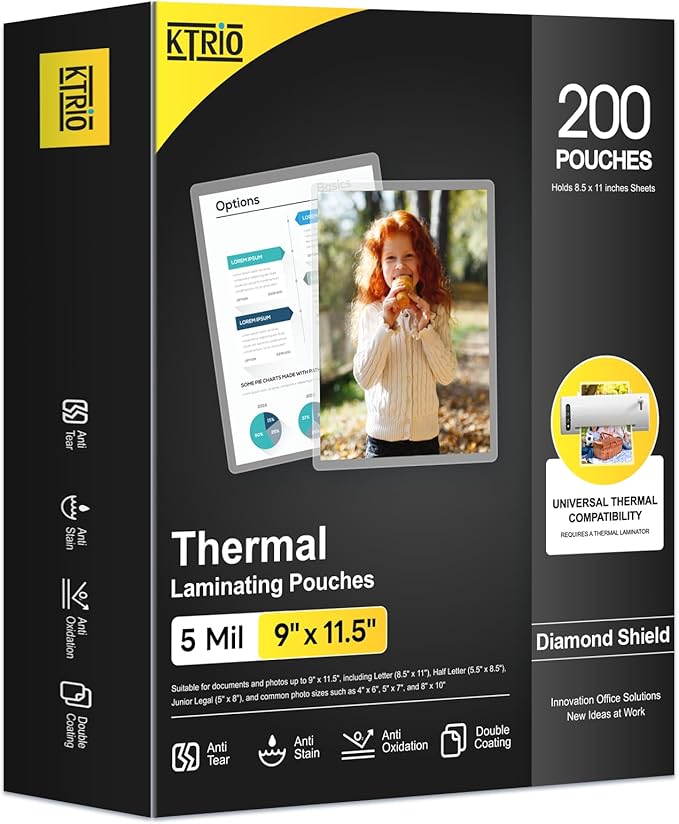 KTRIO 5 MIL Laminating Sheets, Hold 8.5 x 11 Inches, 200 Pack Thermal Laminating Pouches, 9 x 11.5 Laminate Sheets for Laminator, Clear Lamination Sheet Paper, Letter Size, Office School Home Supplies