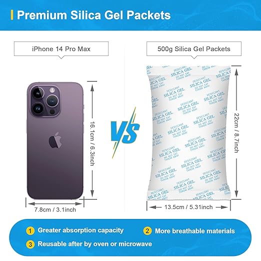 Large Desiccant Packs, 500 Gram 10 Packs Silica Gel Packets for Moisture Control, Silica Gel Car Dehumidifier by Reusable, Large Moisture Absorbers for Electric Tool, Basement, 3D Filaments and Safes