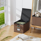 Huolewa File Organizer Box with Lid, Collapsible Leather File Folder Organizer for Office Document Storage, Filing Box with Plastic Slide for Letter/Legal Size Hanging Files, Dark Brown, 4 pack