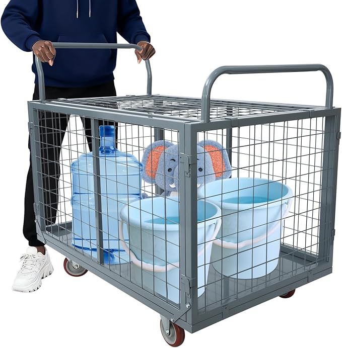 Platform Truck Cart with Cage 2200 lbs, 5-in-1 Folding Hand Truck with Wheels, Convertible Warehouse Cart for Utility, Moving - Heavy Duty Flatbed Carts for Grocery, Laundry, Shelving, Pantry, Grey