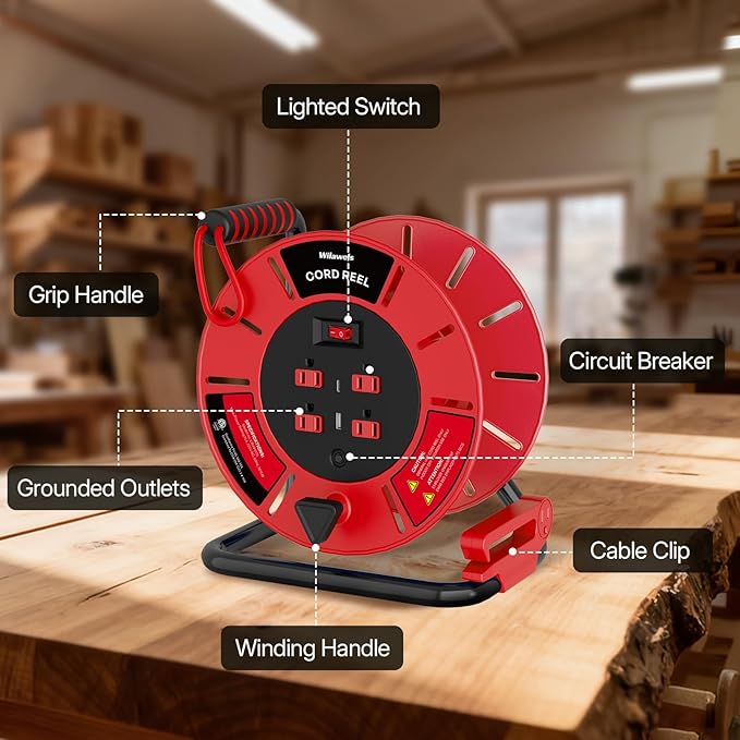 Extension Cord Storage Reel with 4-Grounded Outlet & 2 USB Port, 15A Circuit Breaker, Heavy Duty Open Cord Reel for 12/3,14/3 Gauge Power Cord, Hand Wind Retractable, ETL Listed Red R85CR06