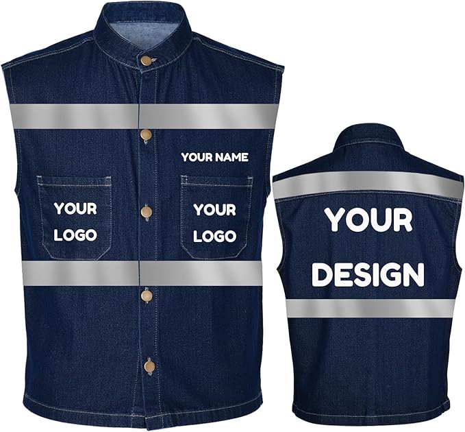 YOWESHOP Men's Reflective Safety Denim Vest，Custom Safety Outdoor Denim Work Vest with Hi-Vis Stripes for Night Commute