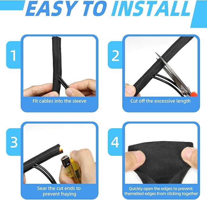 Automotive Wire Loom Tubing, Split Braided Cord Protectors from Pets No Chew, Flexible Cable Sleeve Cable Management for TV/Computer/Electric Wires (Black, 3/8"-25ft)
