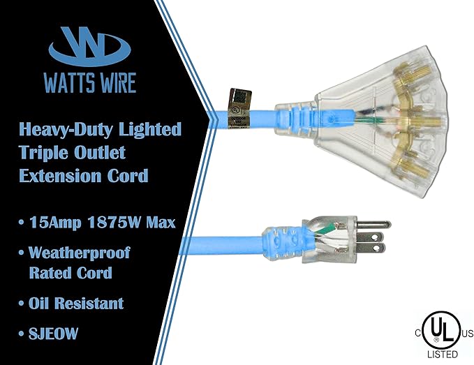50 ft Extreme Cold Outdoor Extension Cord Waterproof - 12 Gauge Heavy Duty Extension Cord 50 ft - Lighted Outdoor Extension Cords with Multiple Outlets Oil-Resistant Flexible Cord - Watts Wire