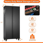 Aobabo Metal Storage Cabinet with Wheels and Adjustable Pegboard, Steel Rolling Tool Cabinet with 16 Hooks and 1 Interior Drawers for Garage, Home, Office, Kitchen, Black, Assembly Required