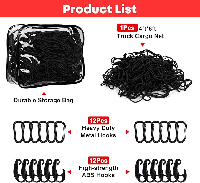 Elastic Cargo Net for Pickup Truck Bed (4' X 6' Stretches to 8' X 12'), Heavy Duty Cargo Net with 12 Pcs Steel Carabiners & 12 Pcs Sturdy Plastic Carabiners, for SUV, ATV, Trailer Tarp