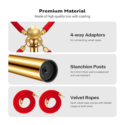VIVOHOME Stainless Steel Stanchion Post Queue 4PCS Pole w/ 2 Red Velvet Ropes, Crowd Control Barriers w/Fillable Base for High-end Venues, Museums, Party Supplies (4 Pieces, Golden)