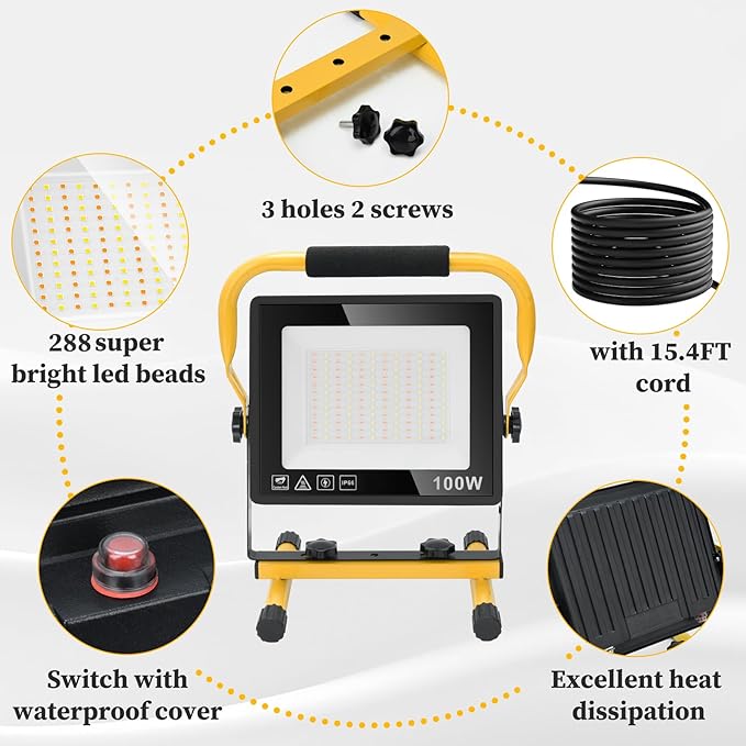 100W Led Work Light, 3000K/5000K/6500K Selectable Work Light, 10000LM Portable Work Lights with 16.4FT Cord, IP66 Waterproof for Outdoor Indoor Job Site Workshop Flood Lights, Gifts for Him