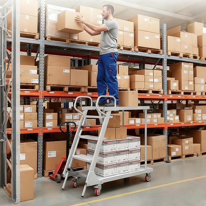 Heavy Duty Platform Truck Cart, Multi-Purpose Utility Dolly w/Handrails, Flatbed Cart with Support Bars 660Lbs Capacity, Extra Large Utility Cart w/Wheels, for Climbing for Grocery (White, 660lbs)