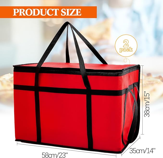 Maxcheck 2 Pcs Insulated Bags for Food Delivery XXXL Large Capacity Hot Grocery Tote Bag Reusable Warming Pizza Catering Carrier for Commercial Travel Lunch Shopping Gifts (Red)