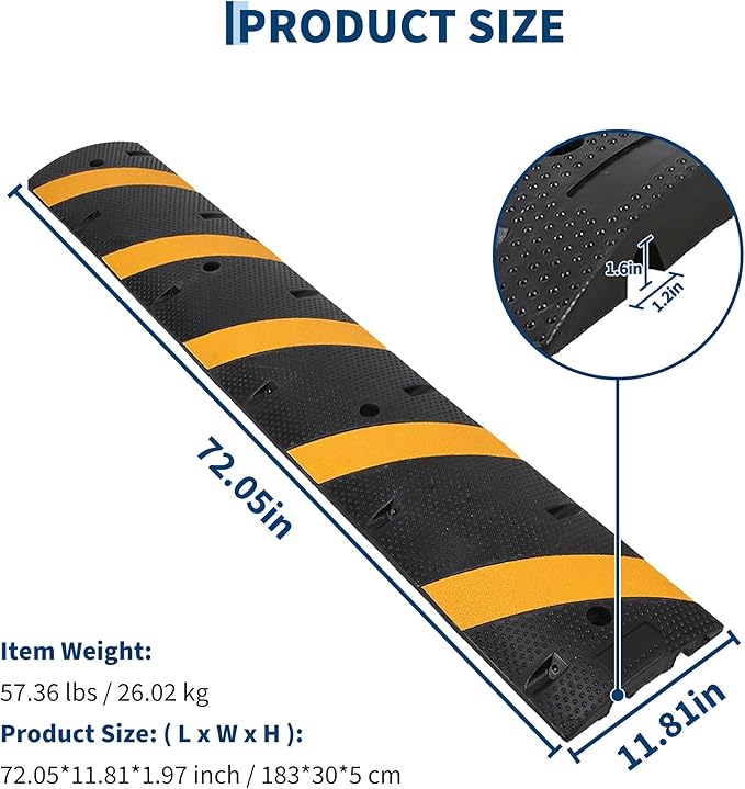 3 Pack 6FT Speed Bumps for Road, Heavy Duty 25,000 Lbs Capacity Traffic Rubber Speed Humps with 2 Channel Floor Cord Cover for Asphalt Concrete Gravel Cable Protector Ramp
