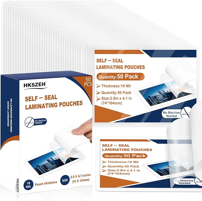 50 Pack 10 Mil 2.9"x4.1" Self Sealing Laminating Pouches Plastic Laminating Sheets Business Card Size Clear Lamination Paper for Office School Home Supplies（Waterproof & No Laminator Need