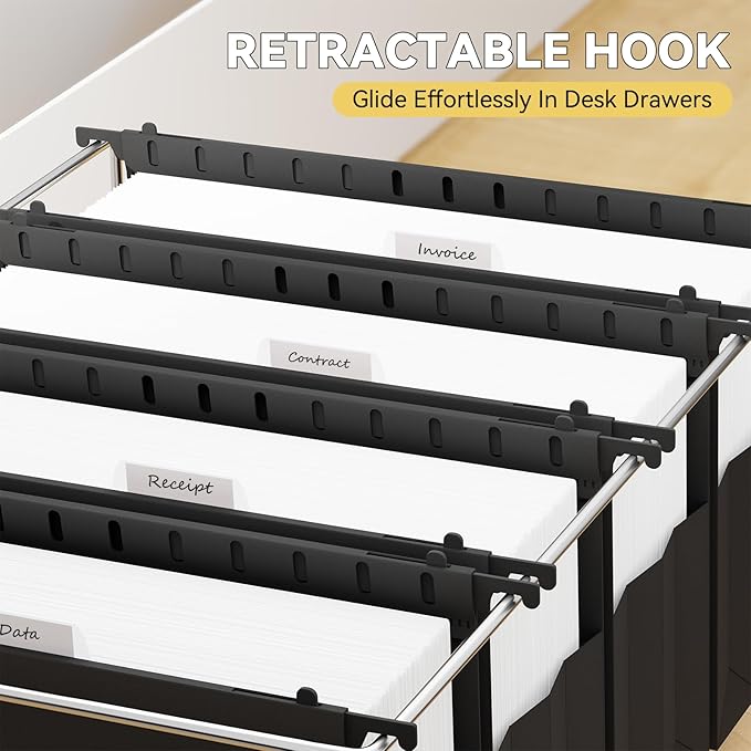 Extra Capacity Legal Size Plastic Hanging File Folders,Reinforced 4" Black Expanding Pocket Files,6 Pack Legal Hanging Folders for Filing Cabinet,Expandable Hang Folder with tabs,for School