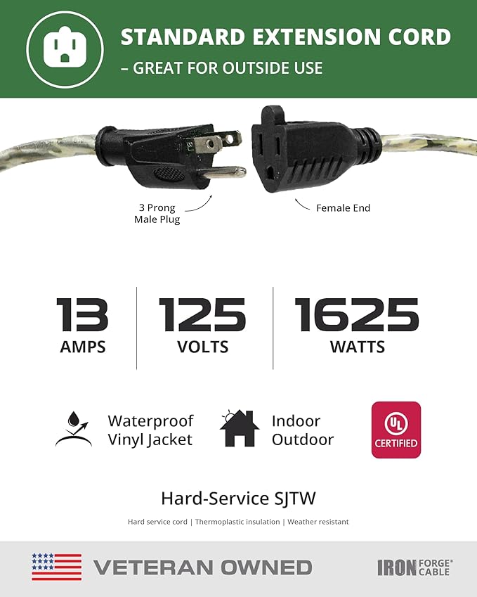 Iron Forge Cable Camo Outdoor Extension Cord 50 ft, 16/3 SJTW 50 Foot Camoflauge Exterior Extension Cord 3 Prong, Weatherproof Heavy Duty Power Cable for Outside, Deck, Landscaping, Lawn & Hunting