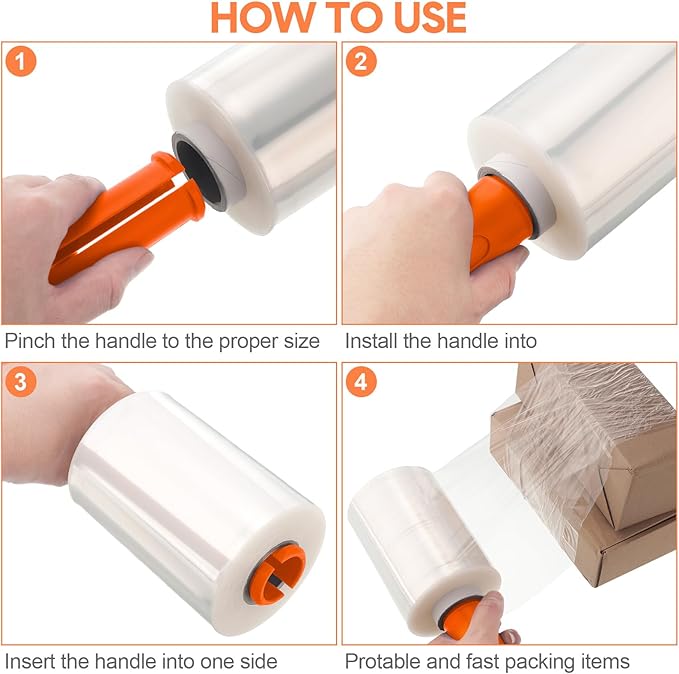 Jutom 8 Pcs Clear Stretch Wrap Roll Plastic Wrap for Moving with 2 Handles 5" x 1000 ft Cling Packaging Shrink Film Self Adhering Shipping Supply for Moving Bounding Storing Pallet Furniture (Orange)
