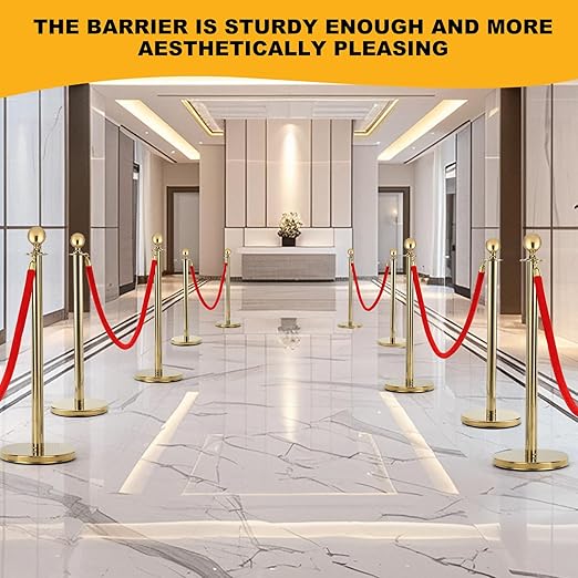 6pcs Gold Stanchions and Red Velvet Ropes 4pcs, Red Carpet Ropes and Poles, Red Carpet Divider Stands Party Decorations, Gold Stanchions Queue Barrier Reception with Fillable Plastic Base