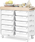 10 Drawers Rolling Cart with Wooden Tabletop, Utility Storage Cart with Wheels, Art Supply Craft Organizer on Wheel with Metal Frame & Handles for Home Office School (Pure White)