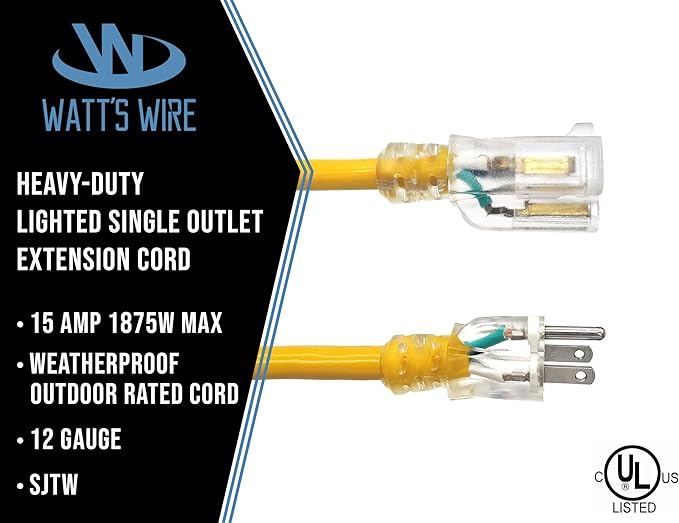 6 ft Short Outdoor Extension Cord Waterproof - 12 Gauge Heavy Duty Extension Cord 6 ft - Lighted Outdoor Extension Cords - Watts Wire - 6' Grounded