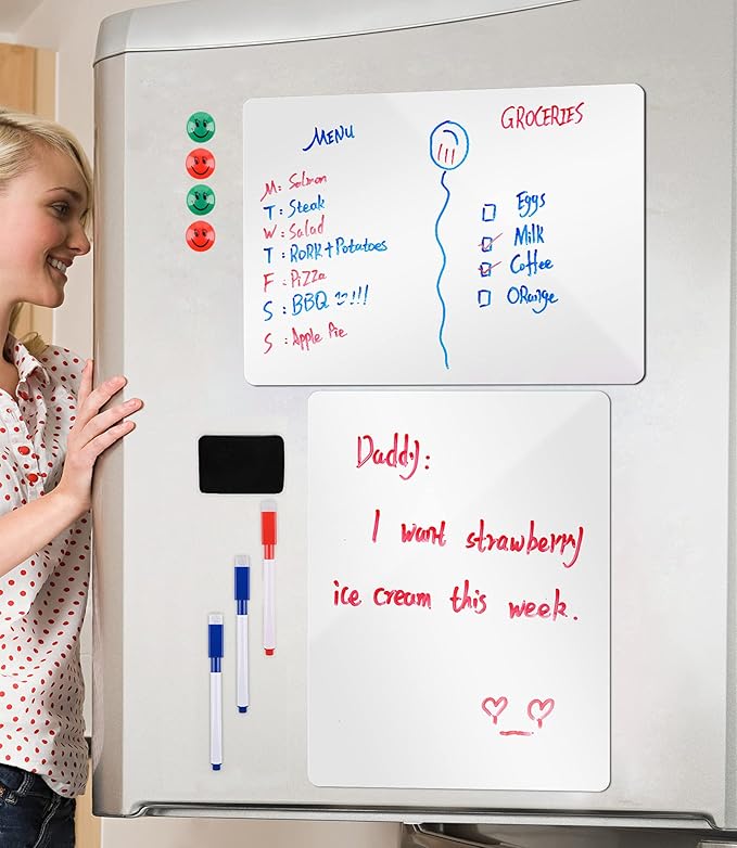 Magnetic Whiteboard for Fridge, 2 Pack 12x16 Inch Dry Erase Board for Refrigerator, Kitchen Organizer & Planner with 3 Markers, Eraser & 4 Magnets