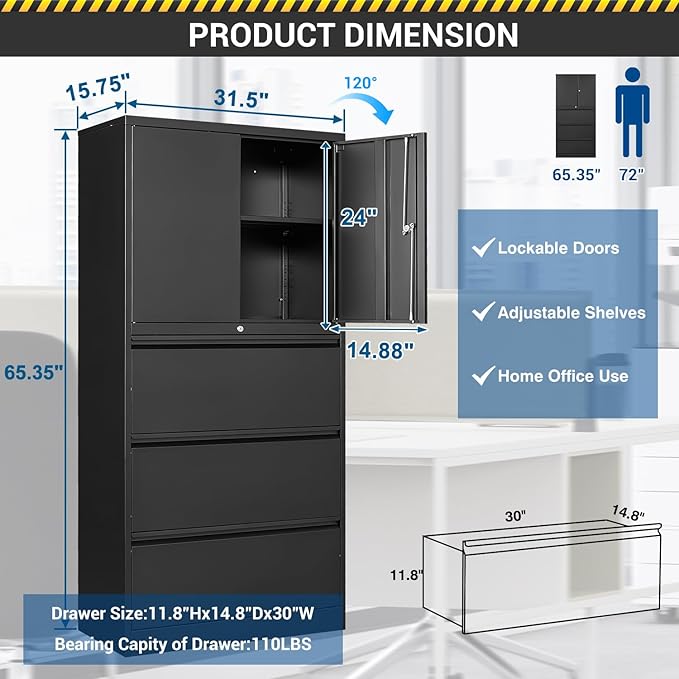 3 Drawers Lateral File Cabinet with Lockable Drawer and Door- Large Steel Filing Cabinet for Home Office Hanging Files Letter/Legal/F4/A4 Size