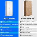 Kitchen Pantry Cabinet, 60 Inch Tall Pantry Storage Cabinet with Doors and Adjustable Shelves, Metal Storage Cabinet with Golden Handles for Dining, Living Room, Assembly Required, White