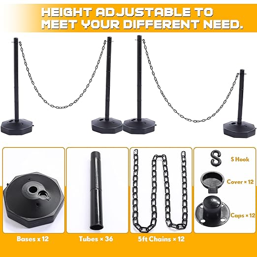 Geiserailie 12 Pack Crowd Control Stanchions, Plastic Stanchions Poles with 5FT Black Plastic Chain Crowd Control Barriers with Fillable Base Traffic Delineator Posts for Parking Lot Construction Cone