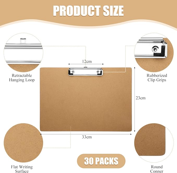 Sherr 30 Pcs Clipboard 9 x 13 Inch Large Brown Wooden Horizontal with Low Profile Clip Landscape Clipboard Layout for School Classroom Office Drawing Sketching Art Back to School Supplies