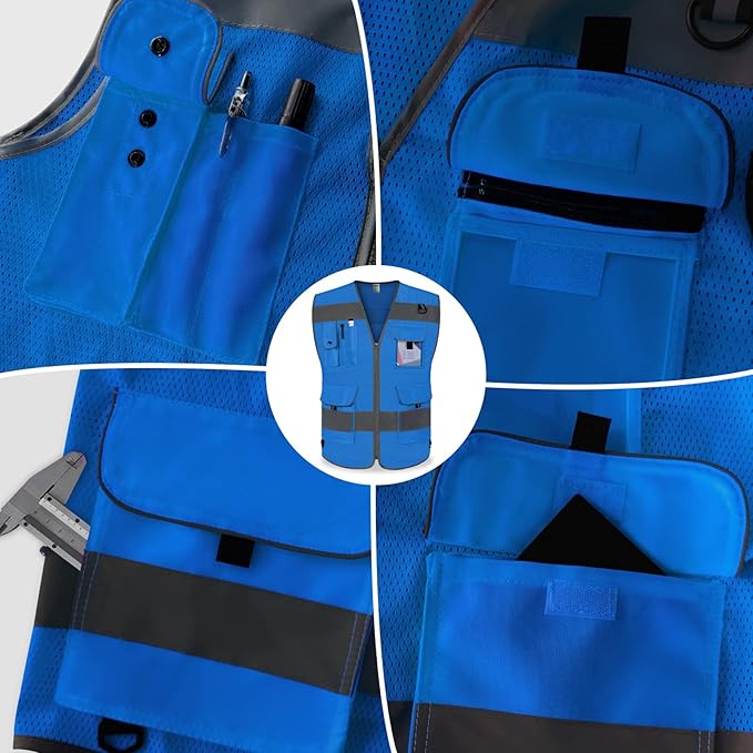 TCCFCCT Mesh Reflective Vest 9 Pockets High Visibility Safety Vest for Men Women, Hi Vis Construction Vest with Reflective Strips, Meets ANSI/ISEA Standards, (Blue, Small)