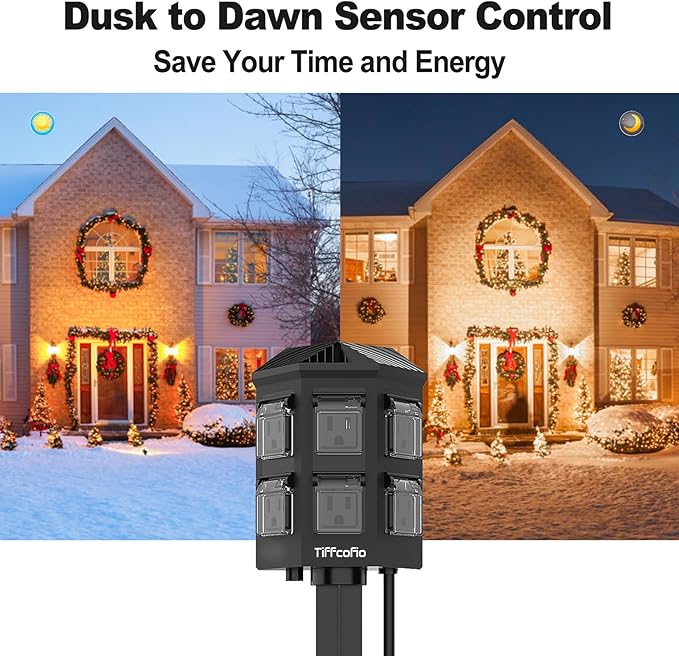TiFFCOFiO Outdoor Power Strip with 50 FT Extension Cord, 100FT Remote Control, Dusk to Dawn Light Timer Waterproof, 6 Grounded Outlets for Yard, Pool and Garden, ETL Listed (50 FT)