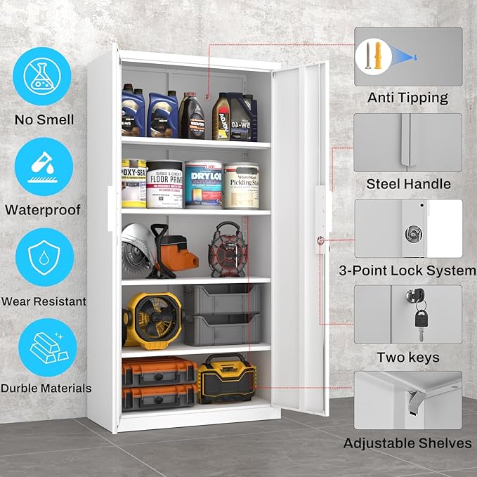 Metal Garage Storage Cabinet with Lock, 72" Tall Steel Storage Locker with 4 Adjustable Shelves, Heavy Duty Metal Cabinet for Garage, Office, Home, White