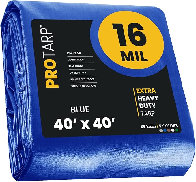 PROTARP Extra Heavy Duty 16 Mil Tarp Cover, Waterproof, UV Resistant, Rip and Tear Proof, Poly Tarpaulin with Reinforced Edges for Roof, Camping, Patio, Pool, Boat. (Blue 40′ X 40′)